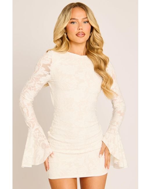 Rebellious Fashion Natural Burnout Floral Flare Sleeve Mini Dress