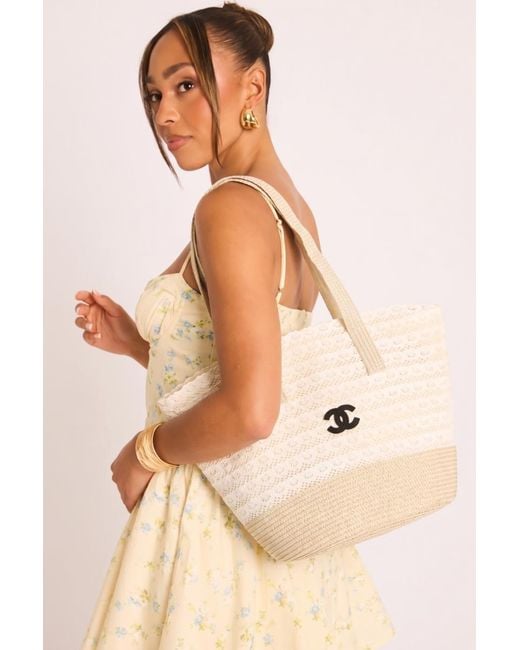 Rebellious Fashion Natural Logo Detail Woven Tote Bag