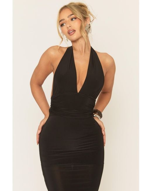 Rebellious Fashion Black Halterneck Tie Back Maxi Dress