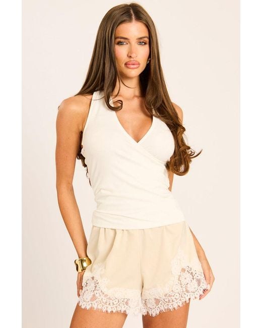 Rebellious Fashion Natural Satin Lace Trim Shorts