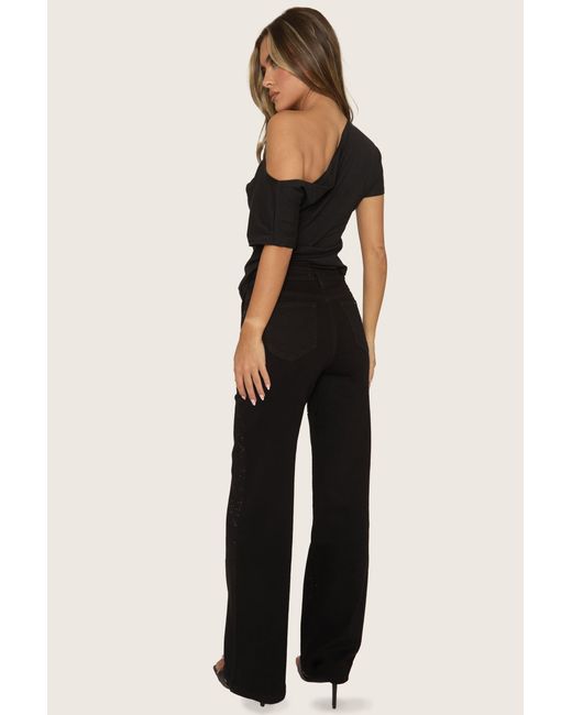 Rebellious Fashion Black Stretch Denim Diamante Wide Leg Jeans
