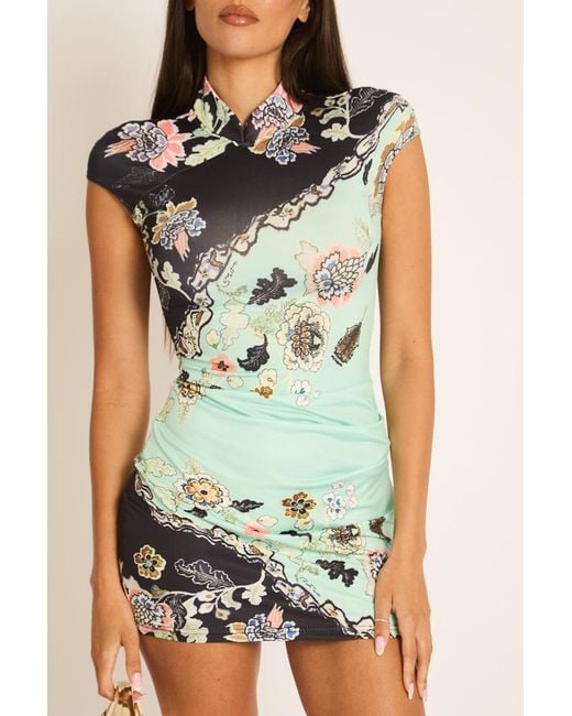 Rebellious Fashion Green Multi Floral High Neck Mini Dress