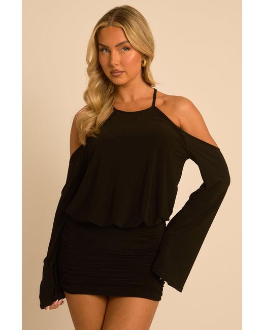 Rebellious Fashion Natural Cold Shoulder Blouson Mini Dress