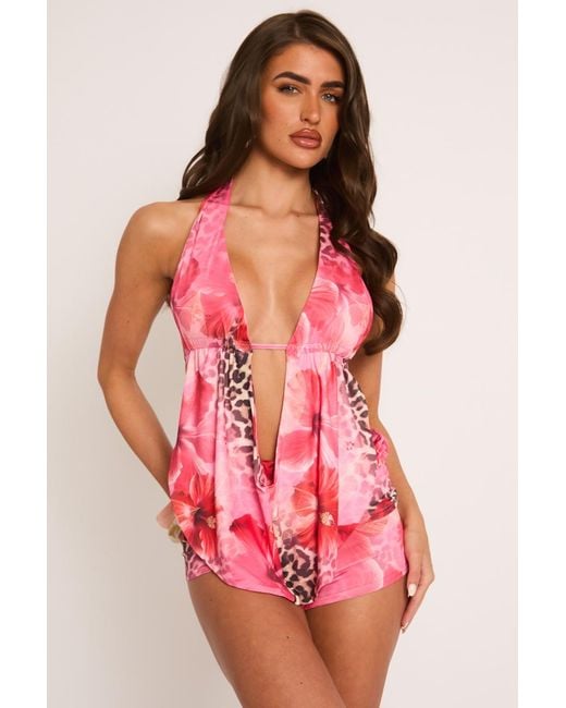 Rebellious Fashion Pink Leopard Plunge Cowl Top & Micro Short Co-Ord Set