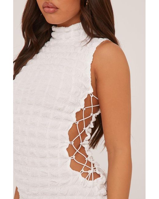 Rebellious Fashion White Waffle Lace Up Detail Mini Dress