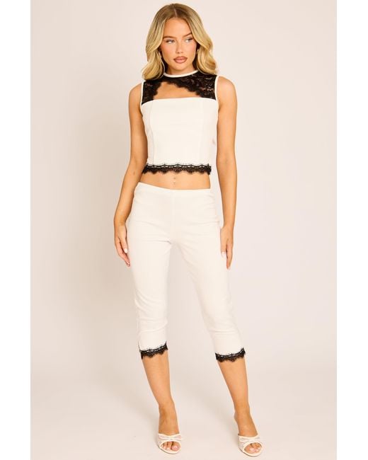 Rebellious Fashion Natural Lace Trim Cut Out Top And Capri Pants Co-Ord Set