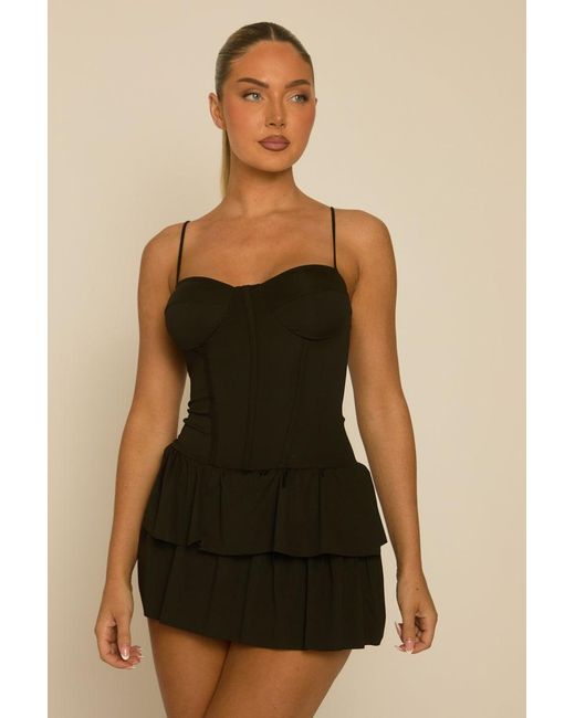 Rebellious Fashion Black Corset Detail Frill Hem Playsuit