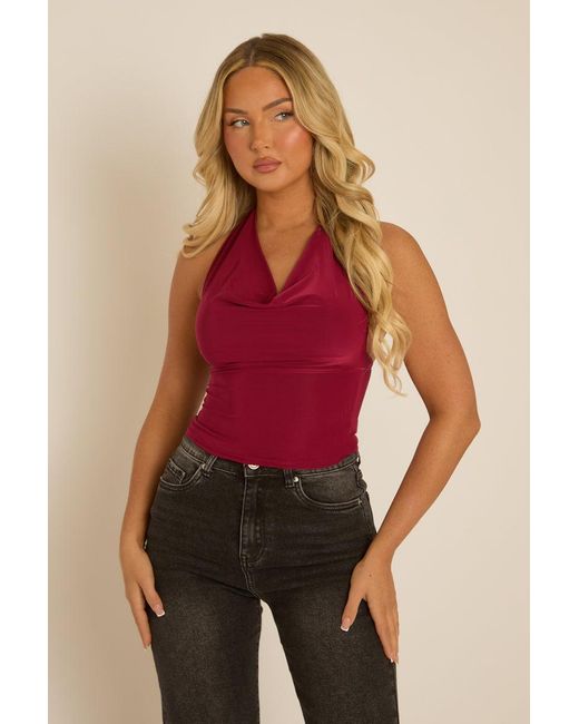 Rebellious Fashion Red Wine Slinky Plunge Halter Top