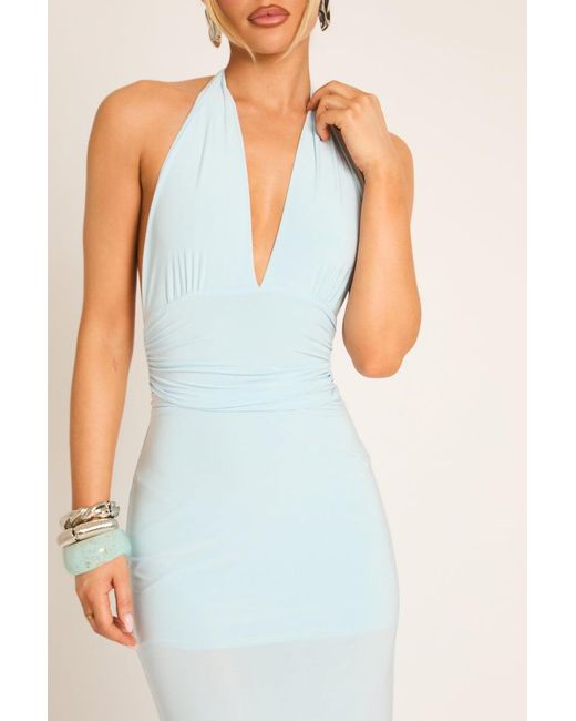 Rebellious Fashion Blue Halterneck Tie Back Maxi Dress