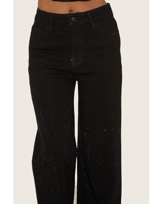 Rebellious Fashion Black Stretch Denim Diamante Wide Leg Jeans