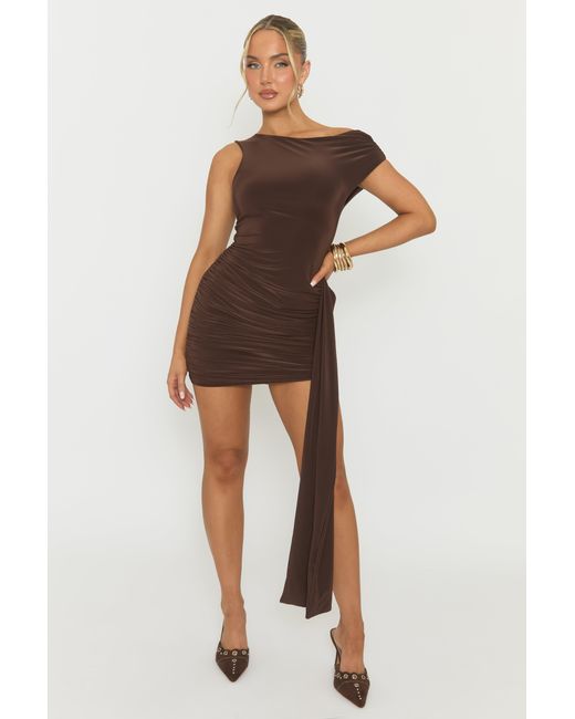 Rebellious Fashion Brown Slinky Off Shoulder Drape Mini Dress