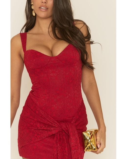 Rebellious Fashion Red Lace Corset Detail Drape Mini Dress