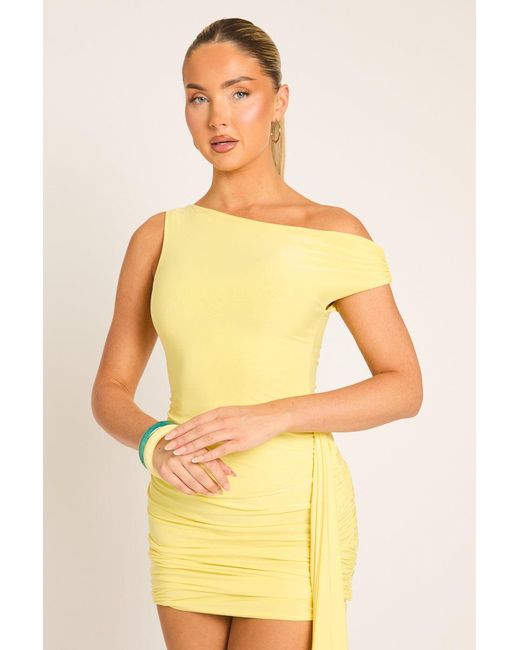 Rebellious Fashion Yellow Slinky Off Shoulder Drape Mini Dress