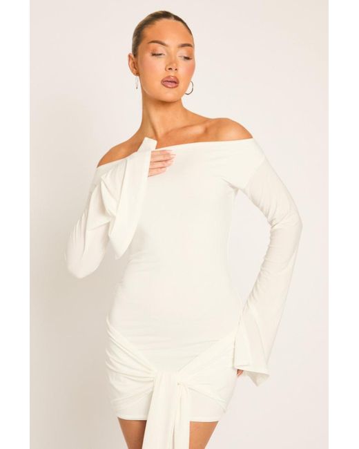 Rebellious Fashion Natural Long Flared Sleeves Drape Detail Bodycon Mini Dress