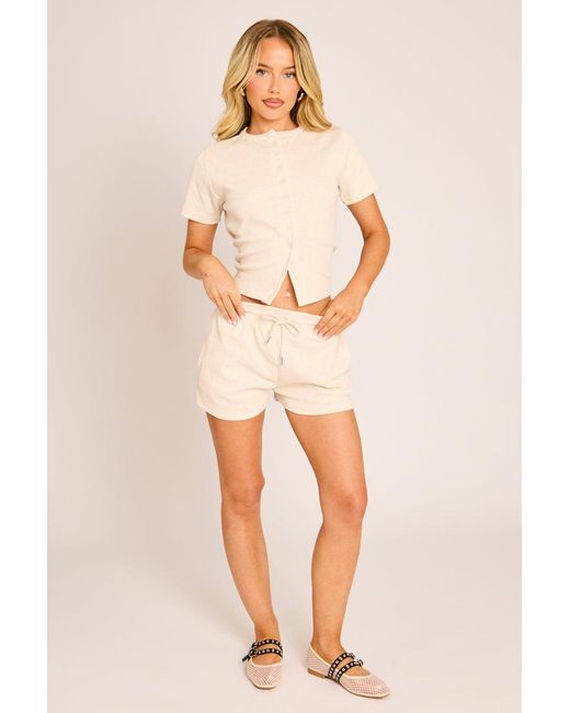 Rebellious Fashion Natural Rib Button Front Top And Short Loungewear Co-Ord Set