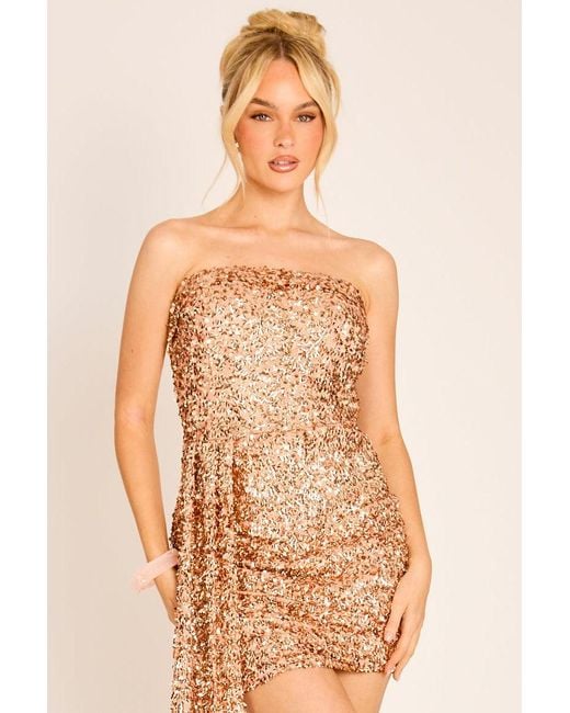 Rebellious Fashion Metallic Sequin Bandeau Drape Mini Dress
