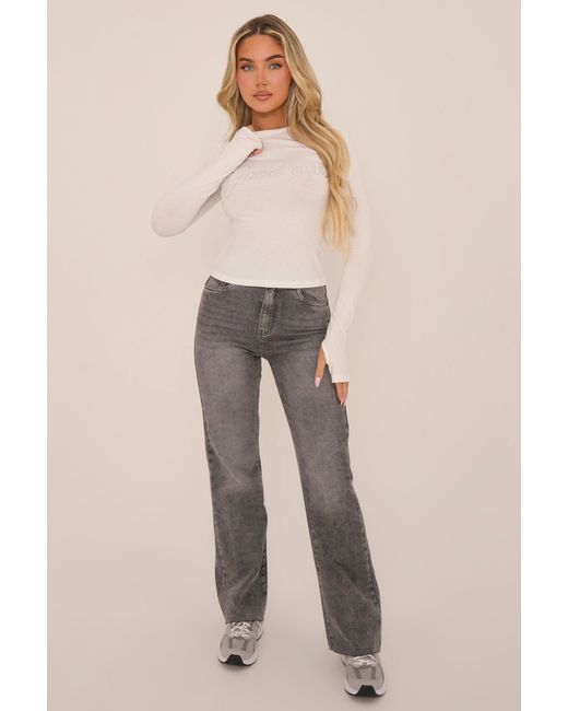 Rebellious Fashion Natural Petite Stretch Straight Leg Frayed Hem Jeans