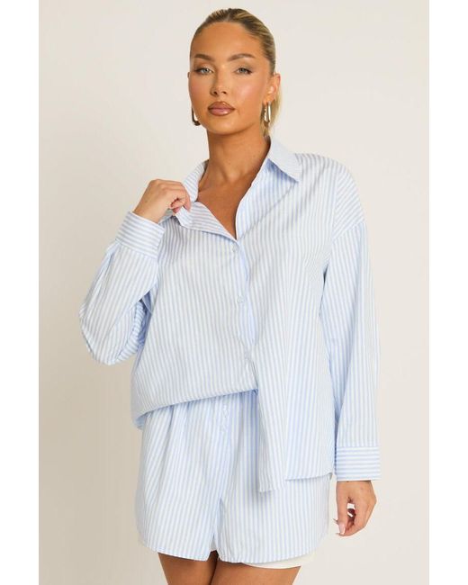 Rebellious Fashion Blue Stripe Button Up Shirt And Shorts Co-Ord Set