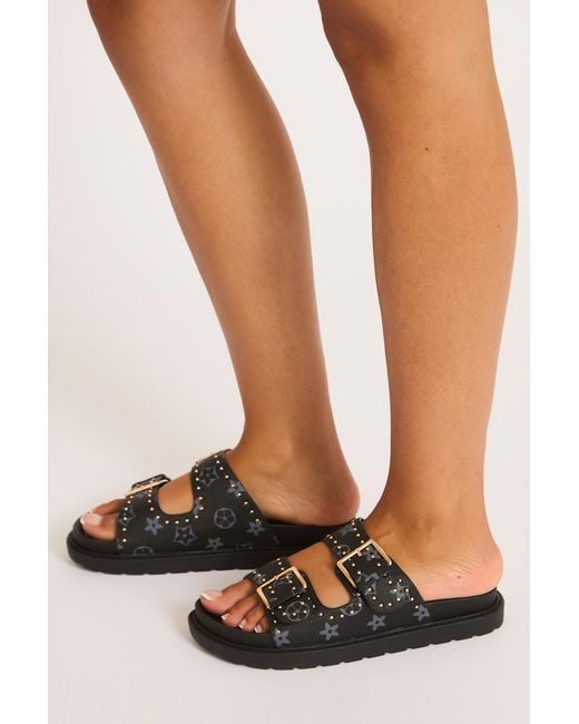 Rebellious Fashion Black Faux Leather Logo Monogram Studded Sandals