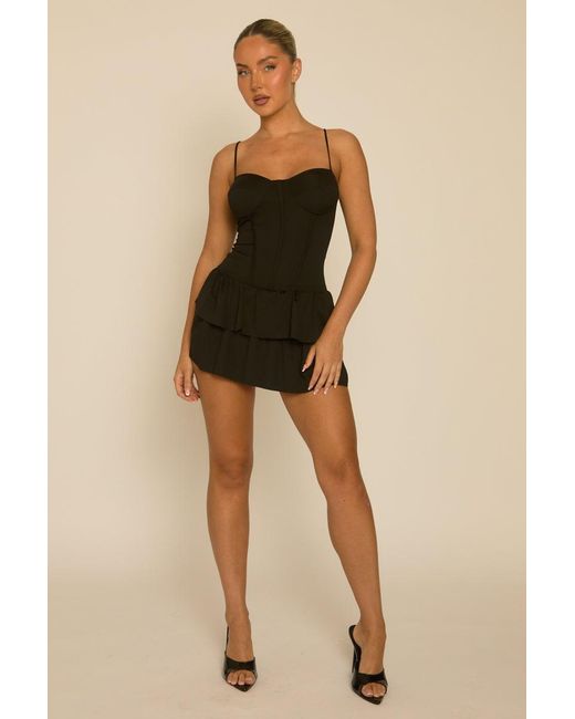 Rebellious Fashion Black Corset Detail Frill Hem Playsuit