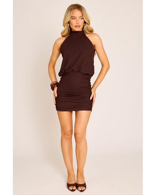 Rebellious Fashion Brown Textured Halter Blouson Mini Dress