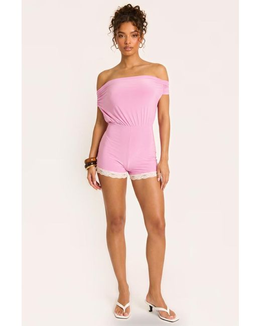 Rebellious Fashion Pink Off Shoulder Bardot Lace Trim Playsuit