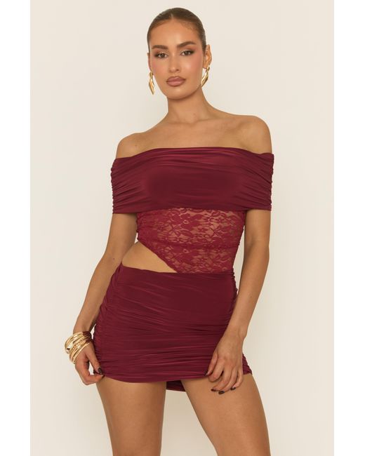 Rebellious Fashion Red Lace Bardot Top And Mini Skirt Co-Ord Set