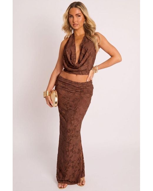 Rebellious Fashion Brown Burnout Floral Cowl Halterneck Top And Maxi Skirt Co-Ord Set