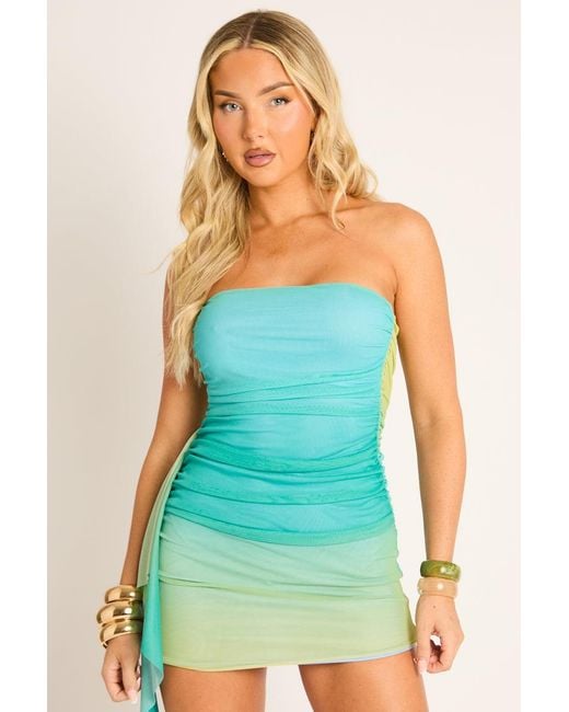 Rebellious Fashion Blue Ombre Printed Mesh Bandeau Mini Dress