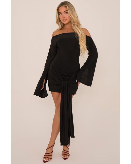 Rebellious Fashion Black Long Flared Sleeves Drape Detail Bodycon Mini Dress
