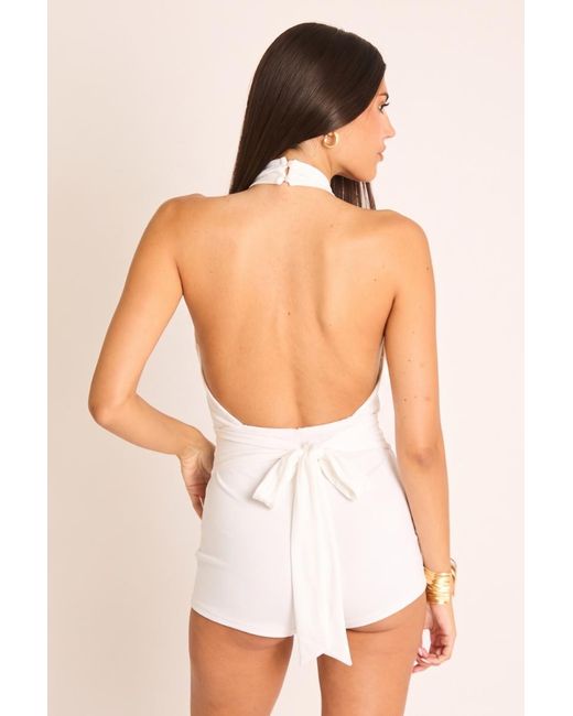 Rebellious Fashion White Tie Detail Ruched Halter Playsuit