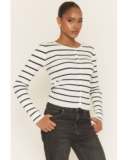 Rebellious Fashion Natural Striped Rib Knit Button Up Top