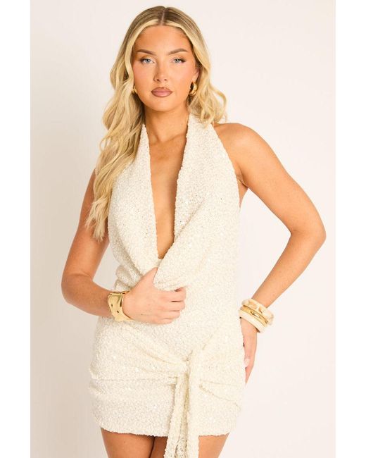 Rebellious Fashion Natural Sequin Cowl Neck Tie Detail Mini Dress