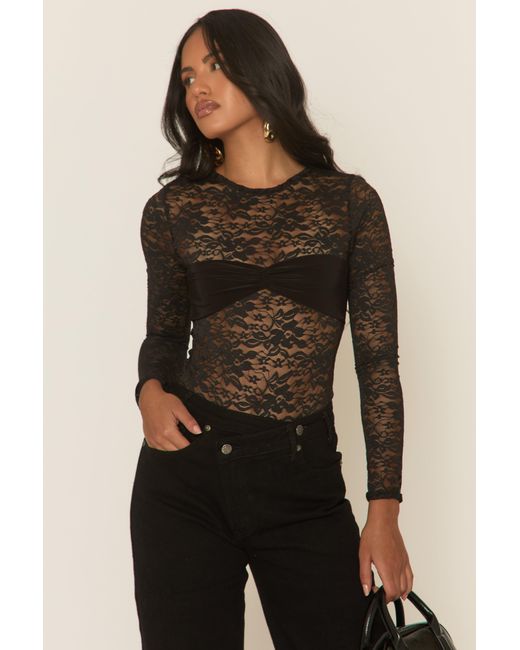 Rebellious Fashion Black Lace Gathered Bust Bodysuit