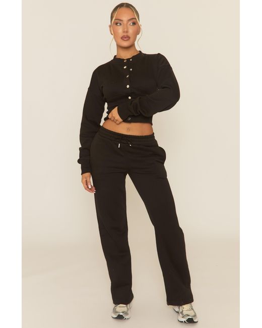 Rebellious Fashion Black Popper Front Cinched Waist Sweatshirt And Wide Leg Trousers Loungewear Co-Ord Set