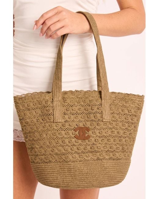 Rebellious Fashion Natural Logo Detail Woven Tote Bag
