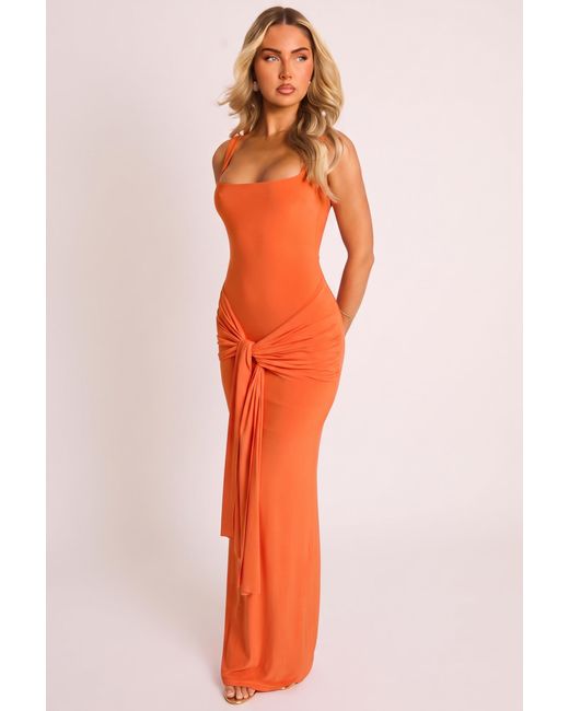 Rebellious Fashion Orange Square Neck Tie Front Maxi Dress