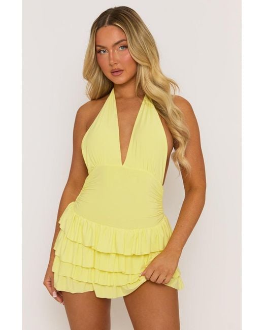 Rebellious Fashion Yellow Butter Halterneck Ruffle Mini Dress
