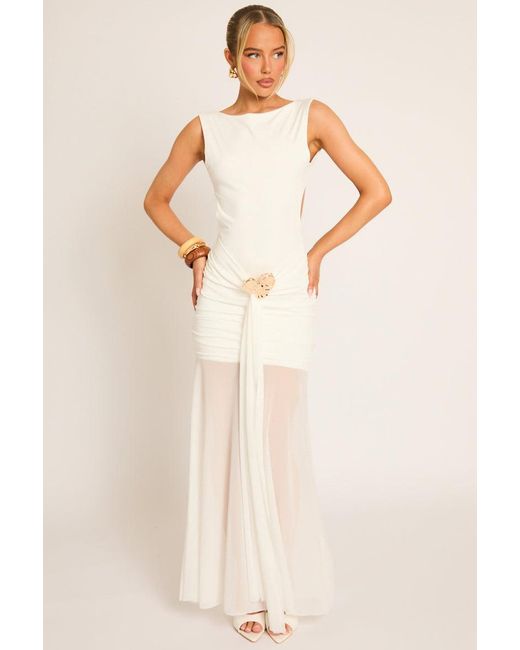 Rebellious Fashion Natural Trim Detail Mesh Overlay Maxi Dress
