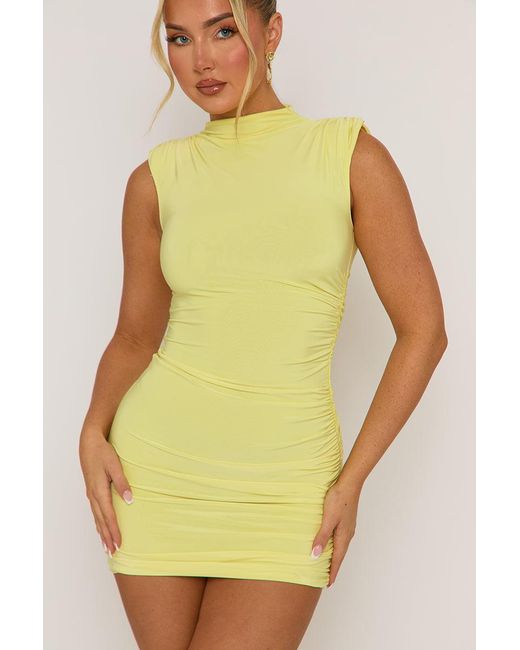 Rebellious Fashion Yellow High Neck Shoulder Pad Ruched Mini Dress