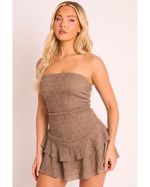 Rebellious Fashion Brown Bandeau Textured Flippy Playsuit