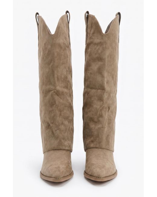 Rebellious Fashion Brown Faux Suede Layered Knee High Cowboy Boots