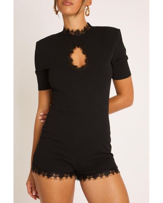 Rebellious Fashion Black Shoulder Pad Lace Trim Playsuit