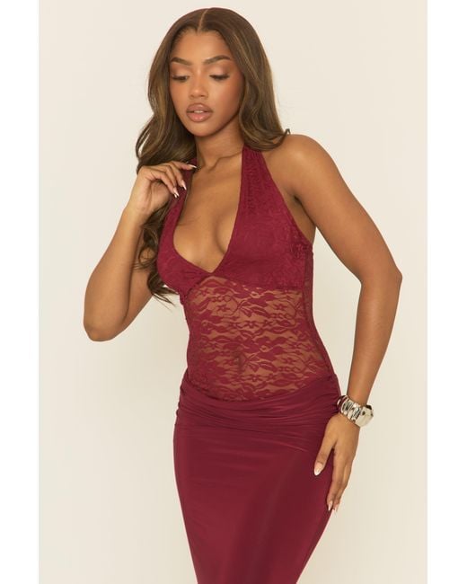 Rebellious Fashion Red Lace Plunge Halterneck Maxi Dress