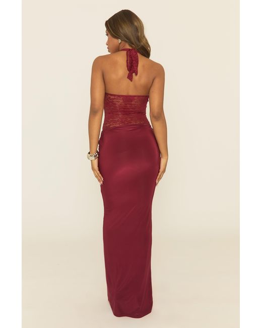 Rebellious Fashion Red Lace Plunge Halterneck Maxi Dress