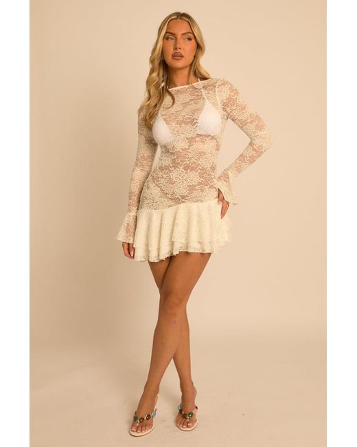 Rebellious Fashion Natural Lace Asymmetric Frill Mini Dress