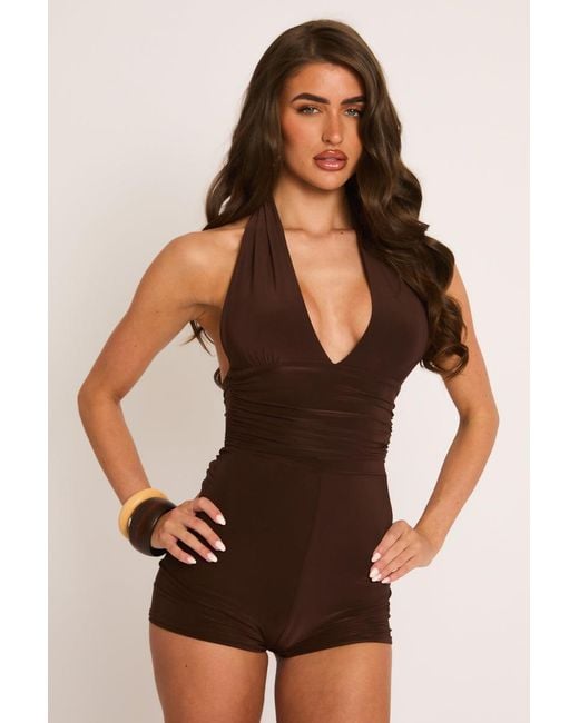 Rebellious Fashion Brown Halter Neck Plunge Tie Back Playsuit