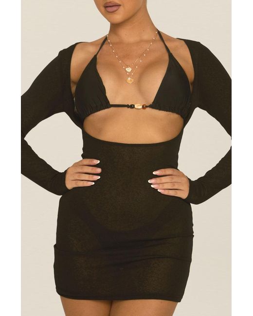 Rebellious Fashion Brown Semi Sheer Long Sleeve Reversible Beach Dress