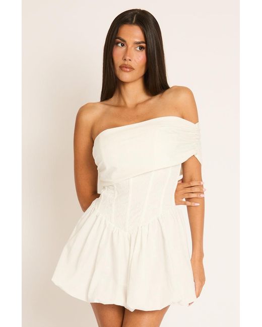 Rebellious Fashion Natural Off Shoulder Corset Puffball Mini Dress