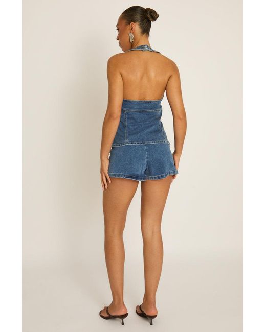 Rebellious Fashion Blue Mid Denim Seam Detail Top